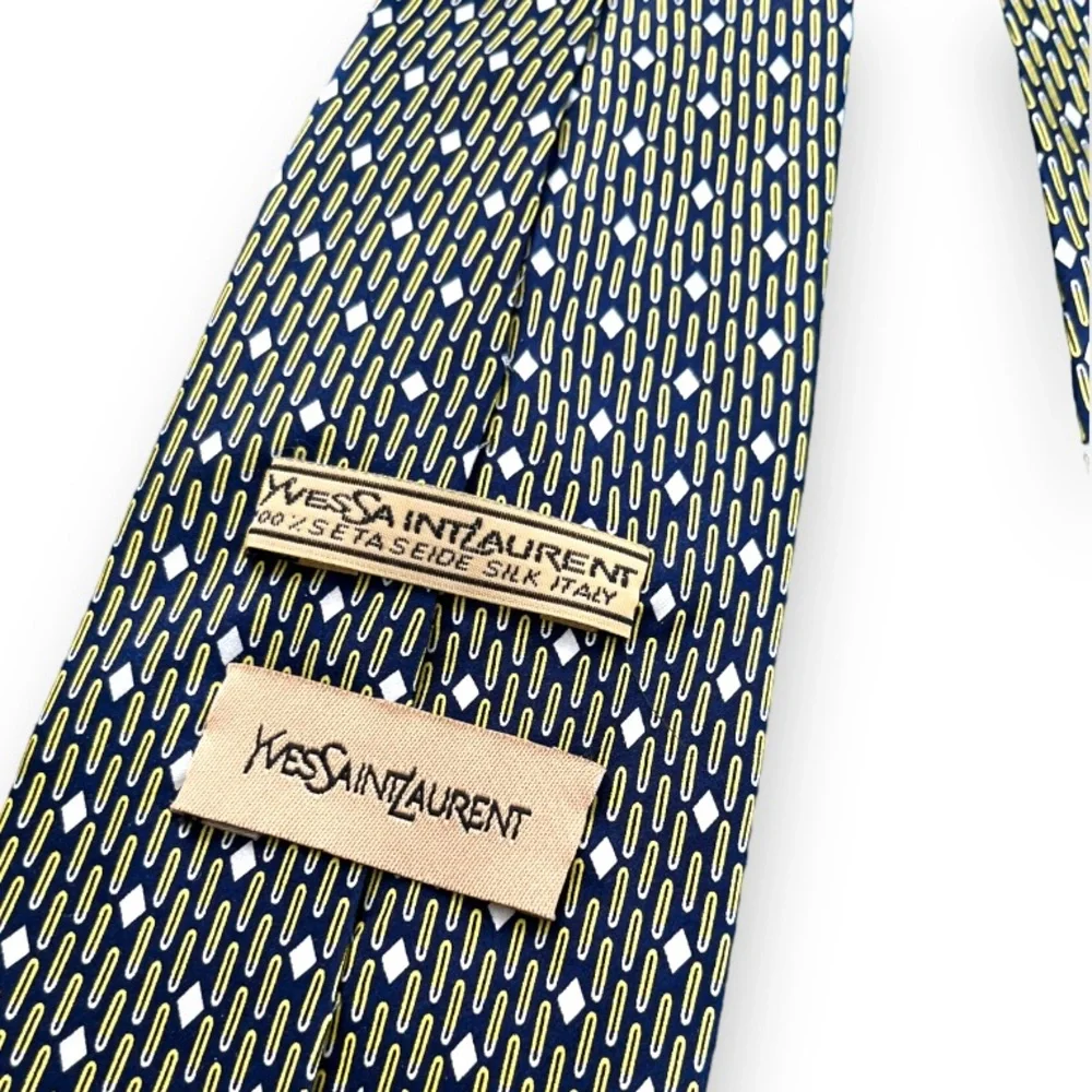 Yves Saint Laurent YSL Mens Tie Navy Blue Geometric Logo Print NWT